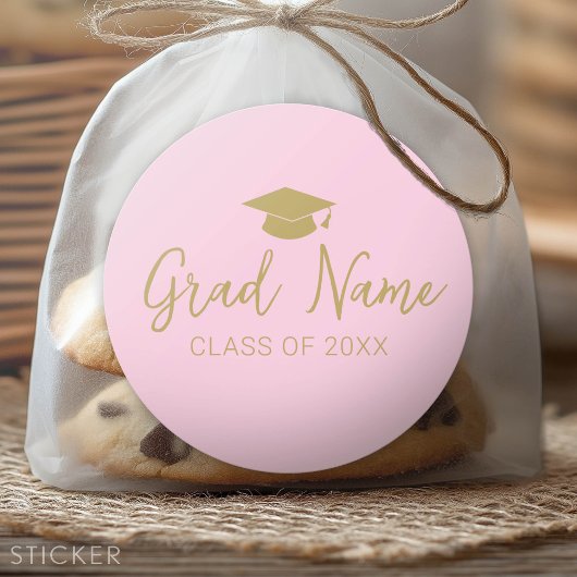 Sticker Rond Script Grad Name avec capuchon de graduation - Or 