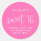 Sticker Rond Script Hot Rose tendance Sweet 16 Merci d'annivers (Devant)