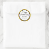 Sticker Rond Script Joyeux Anniversaire & Noms Noir Blanc Or (Sac)