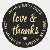 Sticker Rond Script Love & Thanks Black & Gold Adresse de retou (Devant)