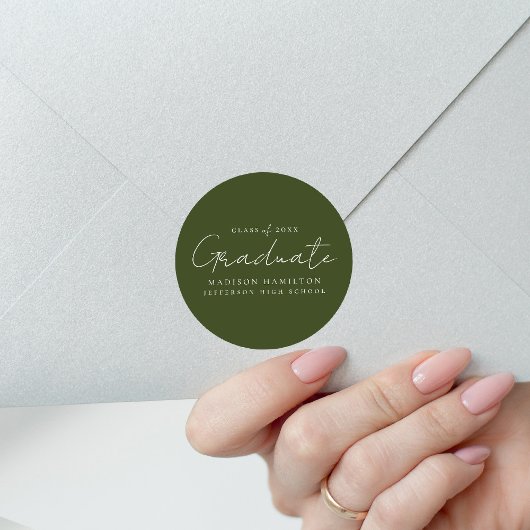 Sticker Rond Script manuscrit moderne Olive Green Graduation
