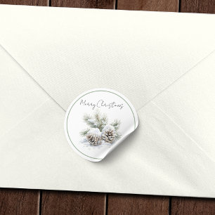 Sticker Rond script minimaliste, aquarelle cônes de pin enneigé