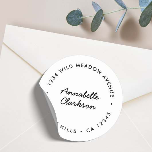 Sticker Rond Script moderne | Adresse de retour blanc minimalis