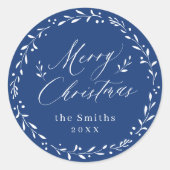 Sticker Rond Script moderne bleu Joyeux Noël Gite Cadeau (Devant)