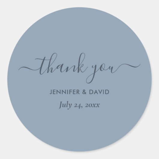 Sticker Rond Script moderne Dusty Blue Mariage Merci classique (Devant)