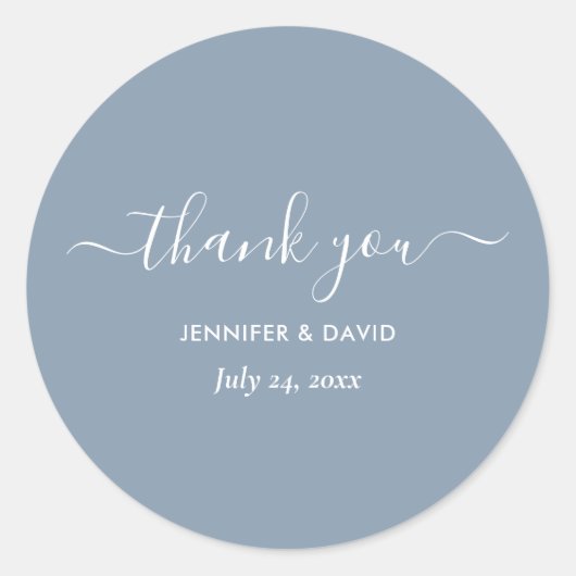 Sticker Rond Script moderne Dusty Mariage bleu Merci (Devant)