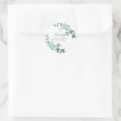 Sticker Rond Script moderne Fleurs vertes Mariage Merci (Sac)