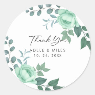 Sticker Rond Script moderne Fleurs vertes Mariage Merci