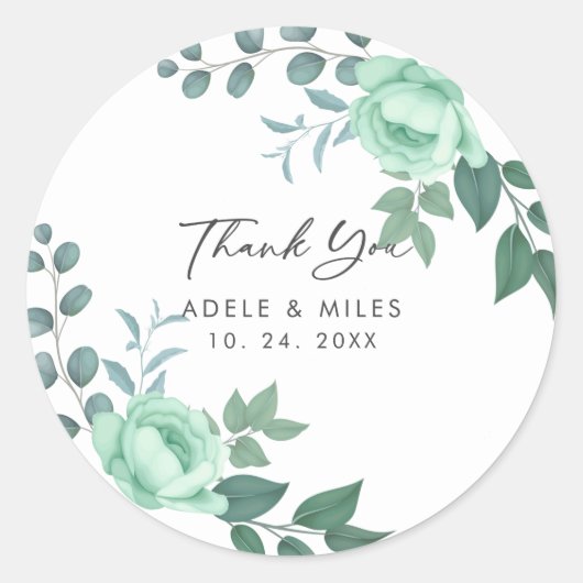 Sticker Rond Script moderne Fleurs vertes Mariage Merci (Devant)