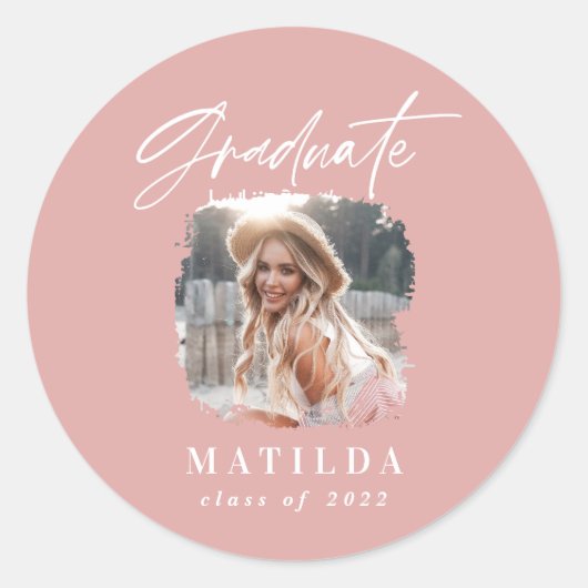 Sticker Rond Script moderne girly rose photo élégante graduatio (Devant)