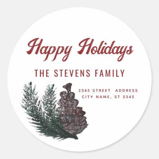 Sticker Rond Script moderne Happy Holiidays branche de cône de (Devant)