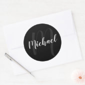 Sticker Rond Script moderne Monogramme personnalisé et nom noir (Enveloppe)