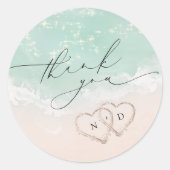 Sticker Rond Script moderne Sand Hearts Plage Mariage Merci (Devant)
