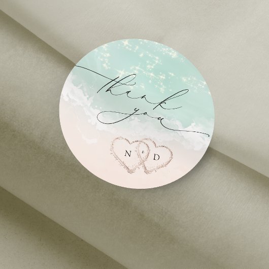 Sticker Rond Script moderne Sand Hearts Plage Mariage Merci