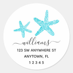 Sticker Rond Script moderne Turquoise Starfish Adresse de retou