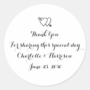 Sticker Rond Script noir coeur blanc Mariage cadeau faveur