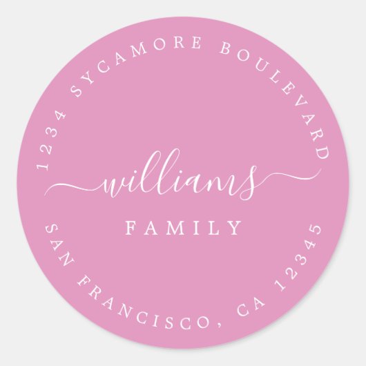 Sticker Rond Script Nom de famille Fuchsia Pink Adresse de reto (Devant)
