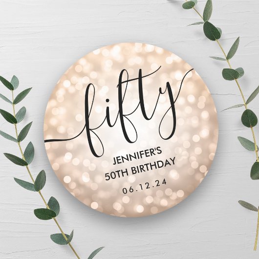 Sticker Rond Script Rose Gold Parties scintillant lumières 50e