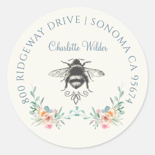 Sticker Rond Script Signature Personalized Bee Floral  (Devant)