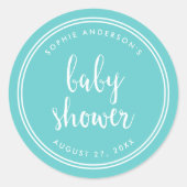Sticker Rond Script Turquoise et Baby shower à rayures blanches (Devant)