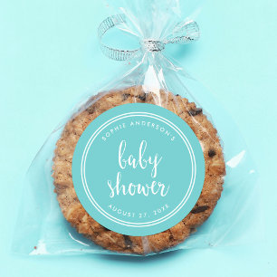 Sticker Rond Script Turquoise et Baby shower à rayures blanches