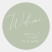 Sticker Rond Script Whimsical | Bienvenue du Mariage vert Sage (Devant)