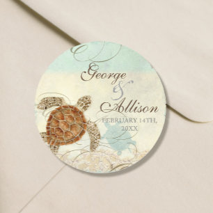 Sticker Rond Sea Turtle Modern Coastal Ocean Beach Swirls