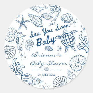 Sticker Rond Sea you soon seashells beach boy baby shower