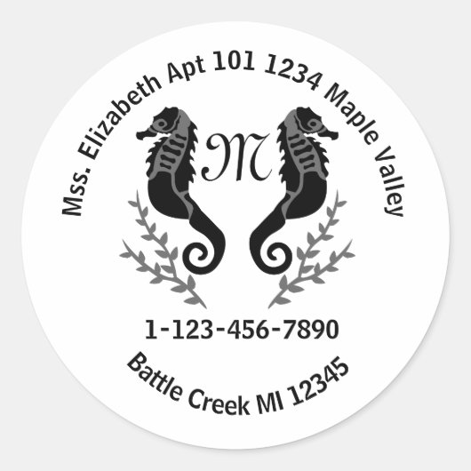Sticker Rond Seahorse Silhouette Monogramme Téléphone Coordonné (Devant)