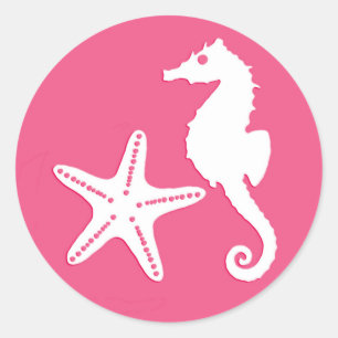 Sticker Rond Seahorse & Starfish, Fuchsia rose et blanc