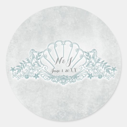 Sticker Rond Seahorses & Seashell Beach Mariage Favoriser (Devant)