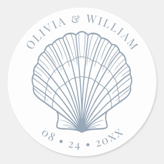 Sticker Rond Seashell Beach Mariage Côtier Dusty Bleu (Devant)