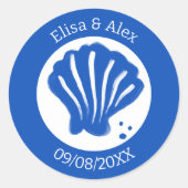 Sticker Rond Seashell Beach Wedding Bleu Blanc CUSTOM (Devant)