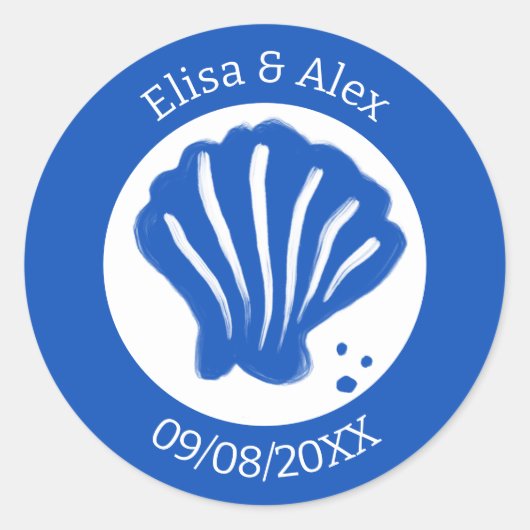 Sticker Rond Seashell Beach Wedding Bleu Blanc CUSTOM (Devant)