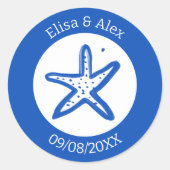 Sticker Rond Seashell Beach Wedding Bleu Blanc CUSTOM (Devant)