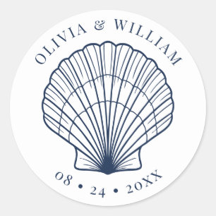 Sticker Rond Seashell Beach Wedding Marine Côtière Bleu