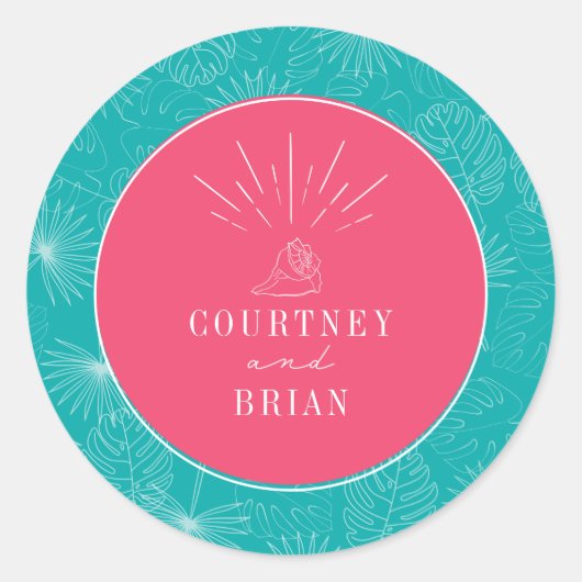 Sticker Rond Seashell Pink & Blue Palm Plage tropicale Mariage (Devant)