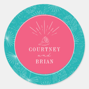 Sticker Rond Seashell Pink & Blue Palm Plage tropicale Mariage