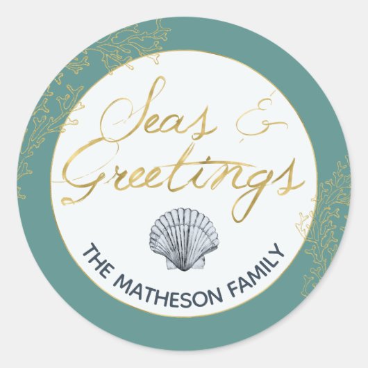 Sticker Rond Seashell Seas & Salutations Coastal Holiday Envelo (Devant)