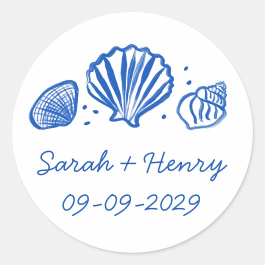 Sticker Rond Seashells Beach Wedding Blue White CUSTOM (Devant)
