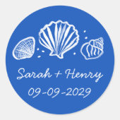 Sticker Rond Seashells Beach Wedding Blue White CUSTOM (Devant)
