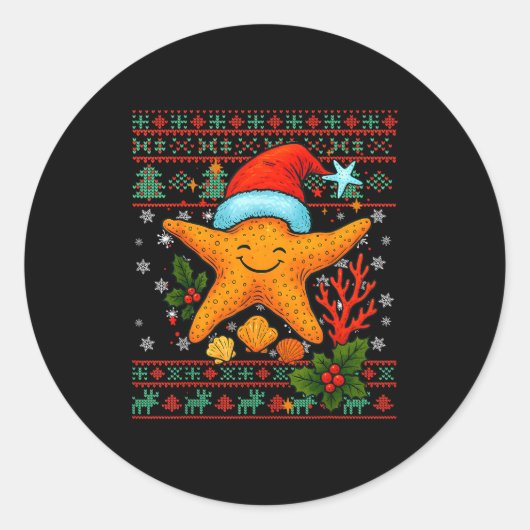 Sticker Rond Seashells Christmas Ocean Water Starfish Ugly Xmas (Devant)