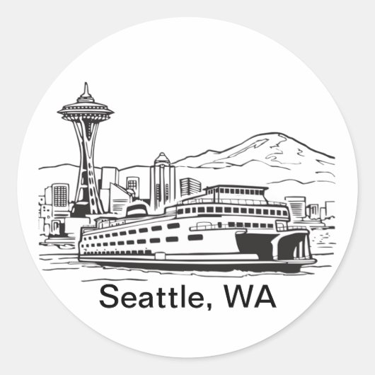 Sticker Rond Seattle Ferry & Skyline Line Art Washington State (Devant)
