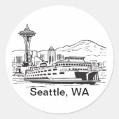 Sticker Rond Seattle Ferry & Skyline Washington State Line Art (Devant)