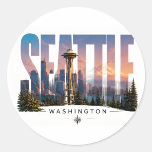 Sticker Rond ☕ Seattle Voyage Vue sur la montagne Skyline ☕