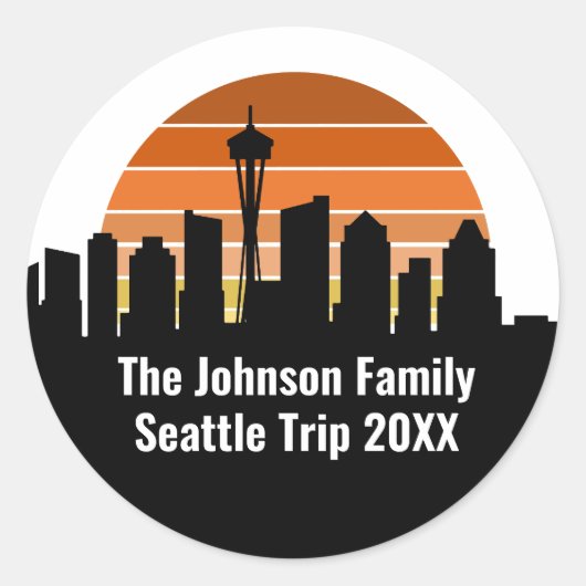 Sticker Rond Séjour Sunset de Seattle Skyline Personnalisé (Devant)