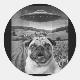 Sticker Rond Selfie carlin Avec Alien Ufo Drôle Carlin Cadeaux