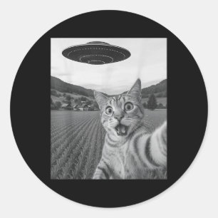 Sticker Rond Selfie De Chat Avec Alien Ufo Funny Chat Drôle Ali