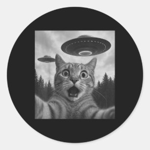 Sticker Rond Selfie De Chat Drôle Avec Ufos
