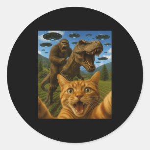 Sticker Rond Selfie De Chat Graphique Drôle Avec T-rex À Riding